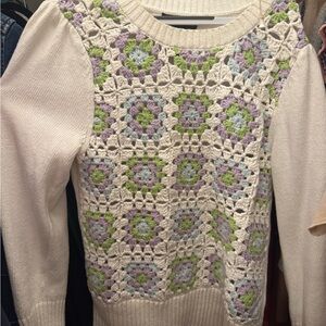 Cream Crochet Front Pullover Sweater with Pastel Accents